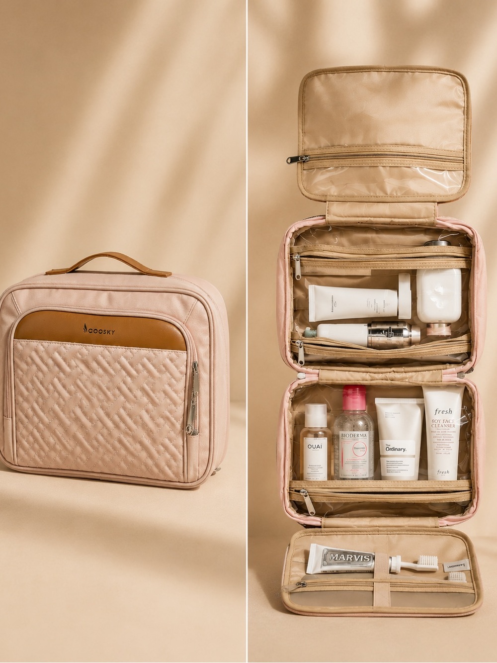 COOSKY Quilted Travel Toiletry Bag in Blush Pink & Tan